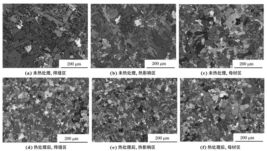 圖２ 熱處理前后焊接接頭焊縫區、熱影響區和母材區的取向成像圖